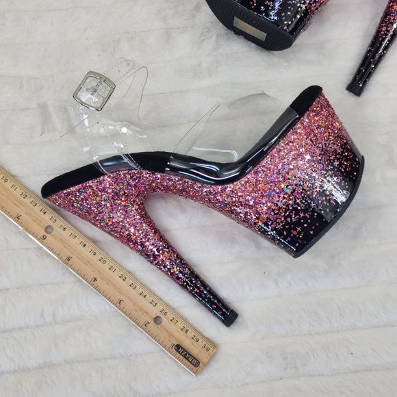 Adore 708SS Pink Hologram Glitter Ombre Platform Ankle Strap Platform 7" Heels - Picture 11 of 12